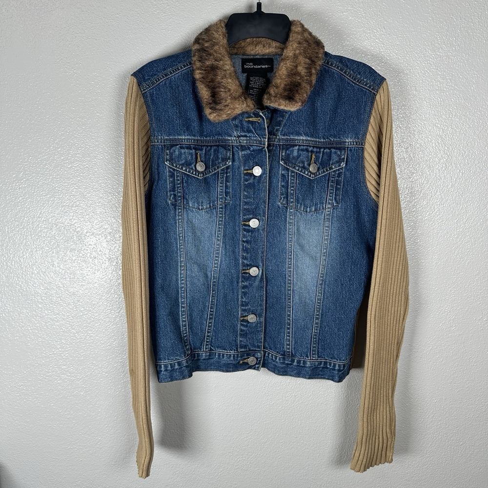 Y2K No Boundaries Fur Collar‎ Denim Jacket Sweater Ribbed 2000s Juniors Large